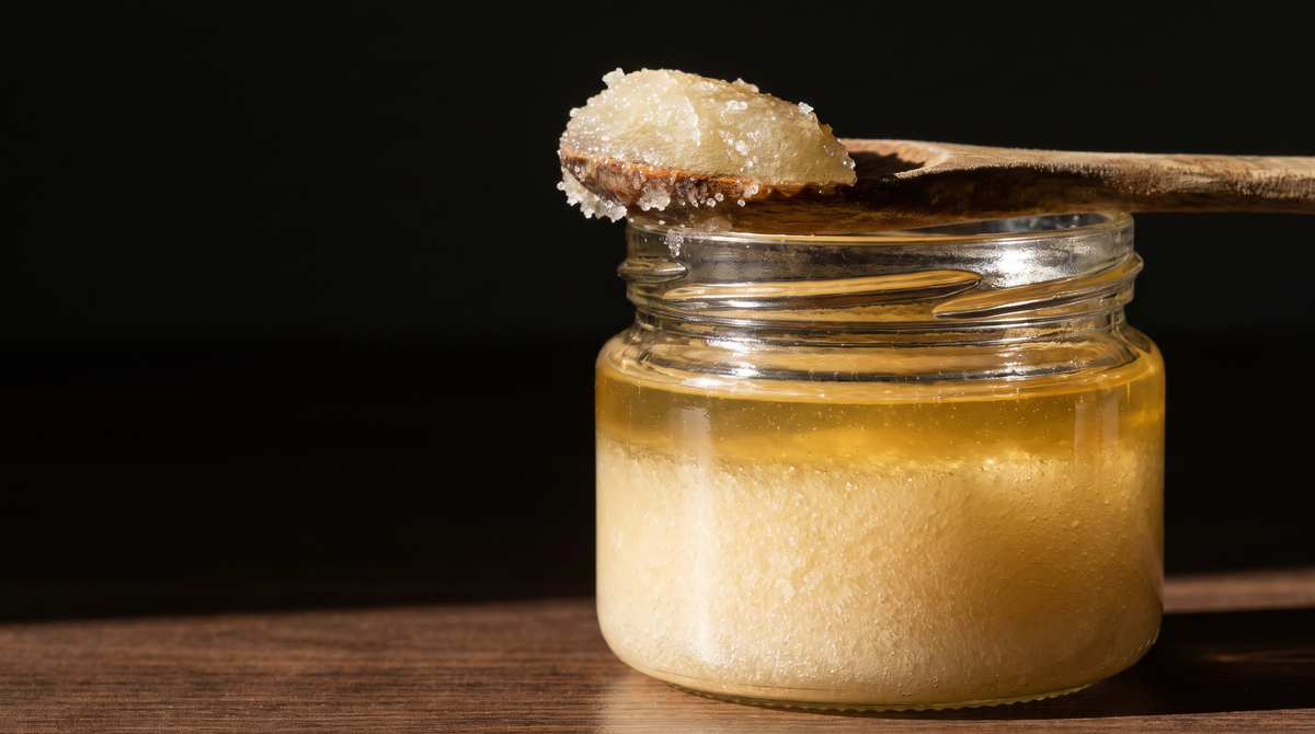 عسل في طور التبلور داخل برطمان زجاجي، نصفه السفلي حبيبي ونصفه العلوي سائل